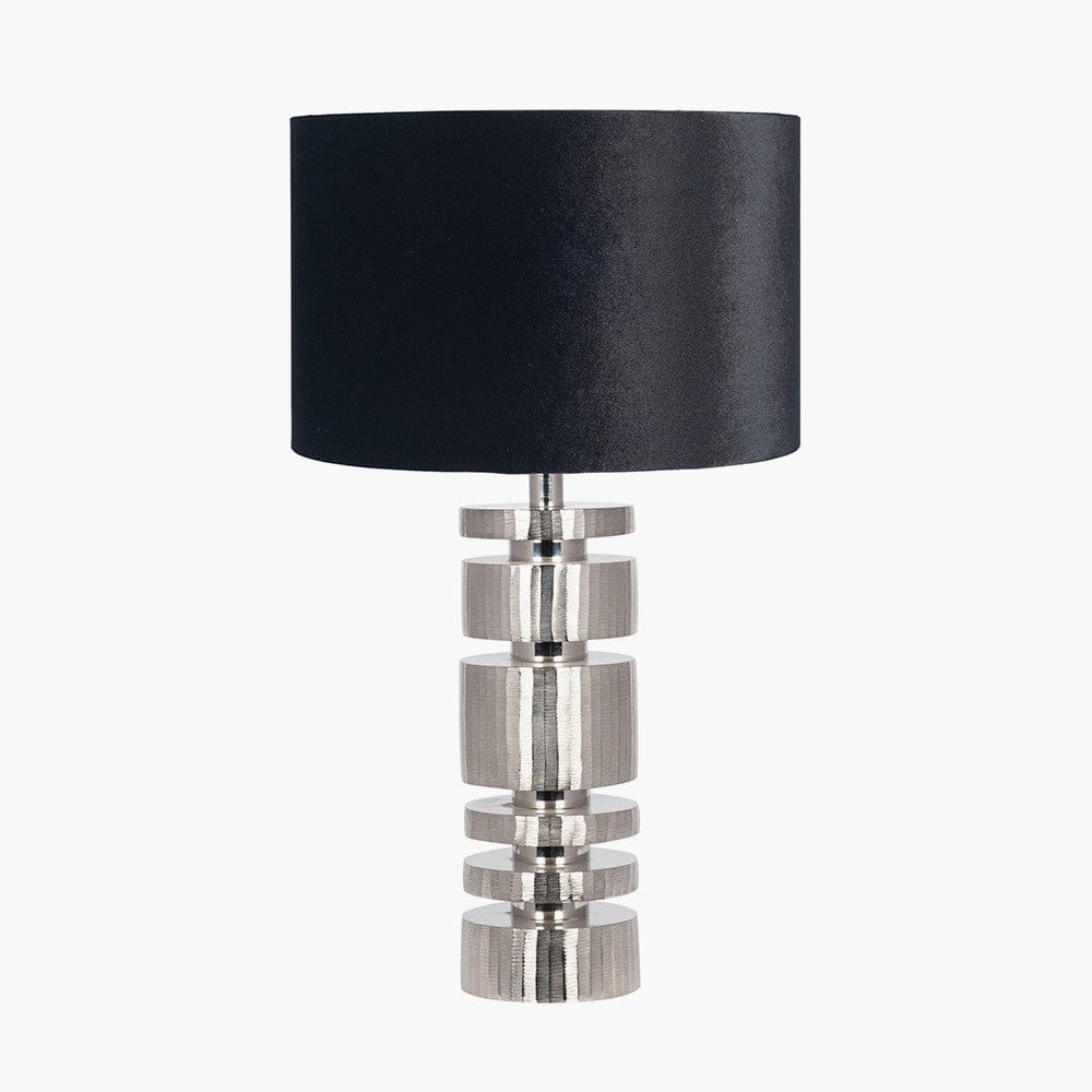 Elon Silver Metal Stacked Cylinder Table Lamp Base with Bow 35cm Black Velvet Cylinder Lampshade.
