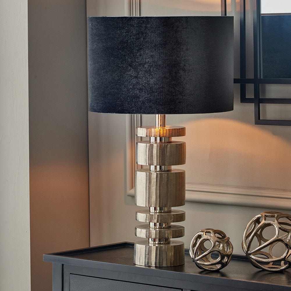 Elon Silver Metal Stacked Cylinder Table Lamp Base with Bow 35cm Black Velvet Cylinder Lampshade.