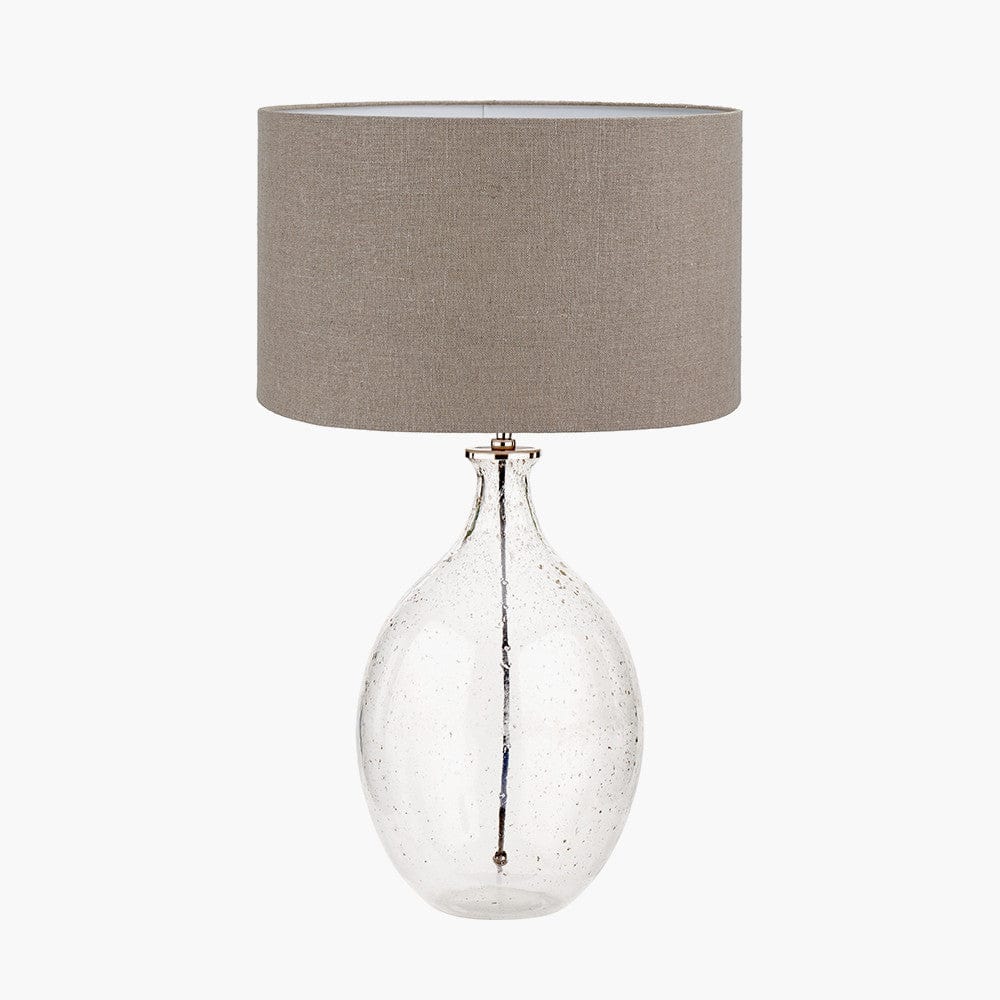 Elysia Bubble Glass and Silver Metal Curved Table Lamp Base with Edward 40cm Natural Linen Cylinder Lampshade.