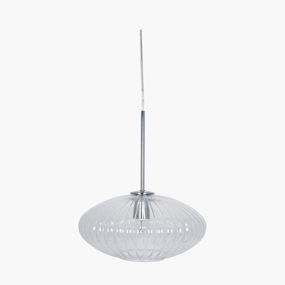 Emilia Clear Glass and Silver Metal Ribbed Oval Pendant.
