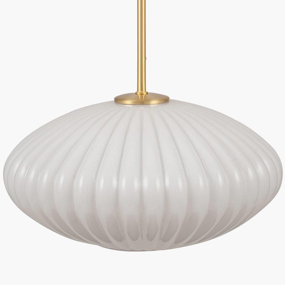 Emilia White Glass and Gold Metal Ribbed Oval Pendant.