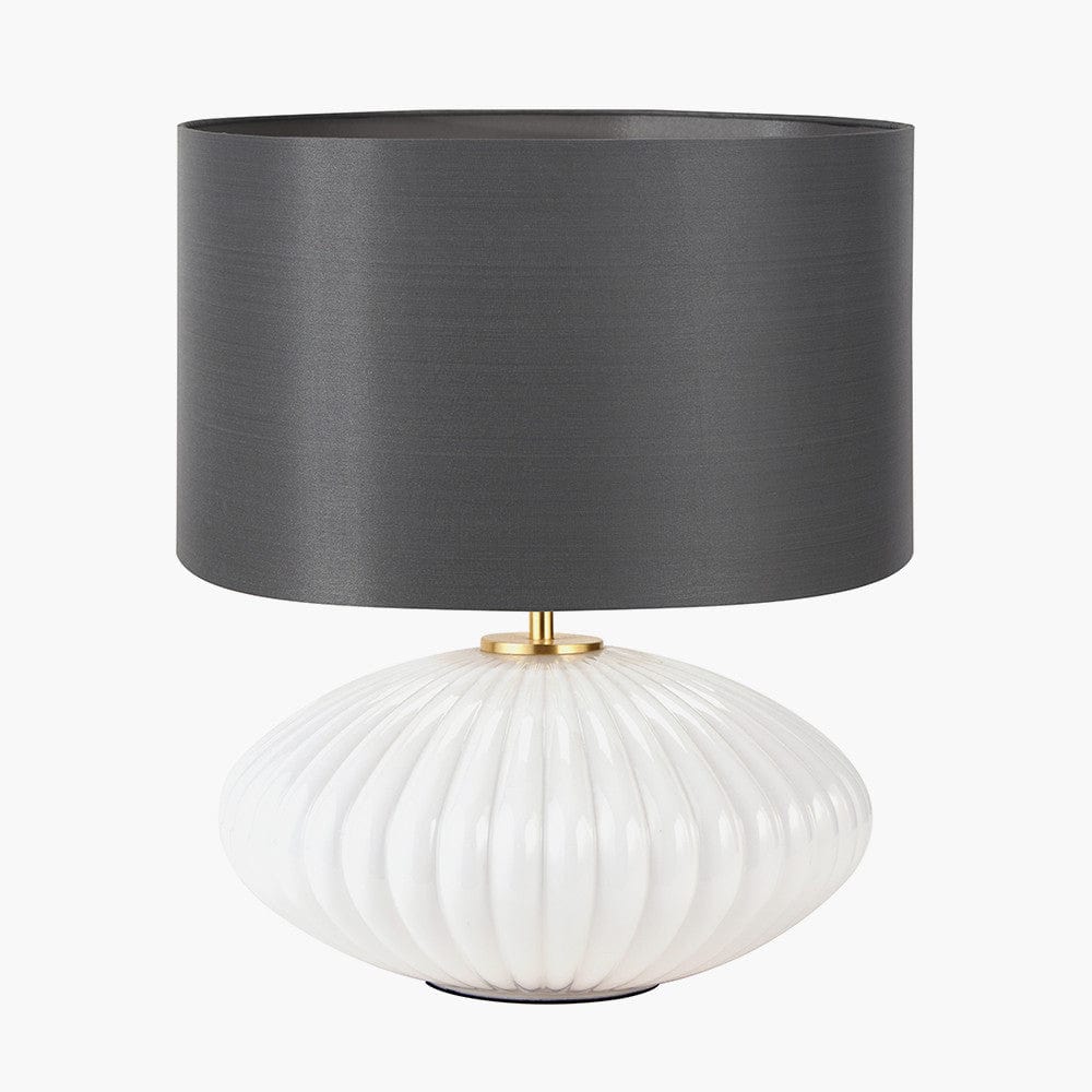 Emilia White Ribbed Glass and Gold Metal Oval Table Lamp Base with Zara 35cm Steel Grey Silk Lined Cylinder Lampshade.