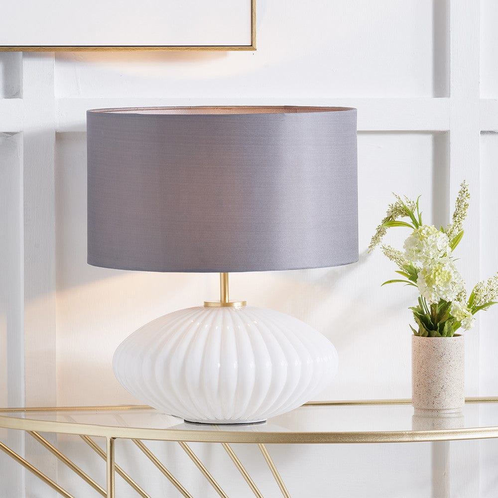 Emilia White Ribbed Glass and Gold Metal Oval Table Lamp Base with Zara 35cm Steel Grey Silk Lined Cylinder Lampshade.