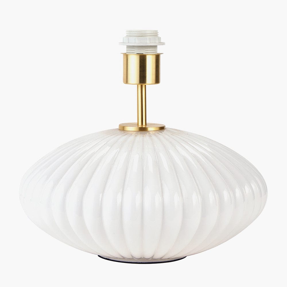 Emilia White Ribbed Glass and Gold Metal Oval Table Lamp Base with Zara 35cm Steel Grey Silk Lined Cylinder Lampshade.