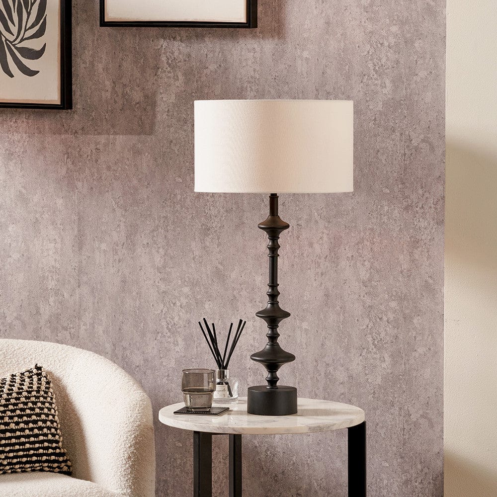 Emilio Matt Black Candlestick Table Lamp Base with Henry 35cm White Handloom Cylinder Lampshade.