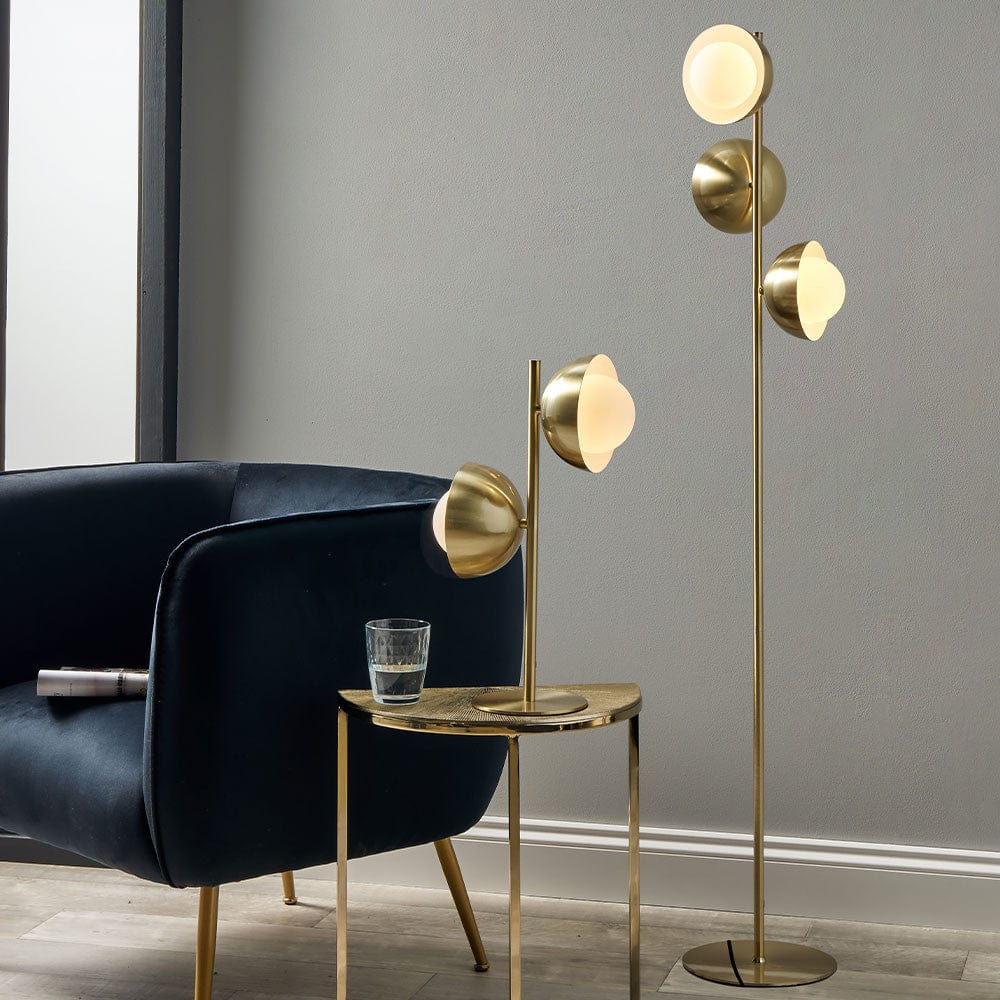 Estelle Brushed Brass Metal and White Orb Dome Floor Lamp.