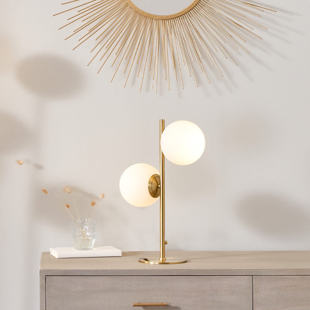 Estelle Brushed Brass Metal and White Orb Dome Table Lamp.