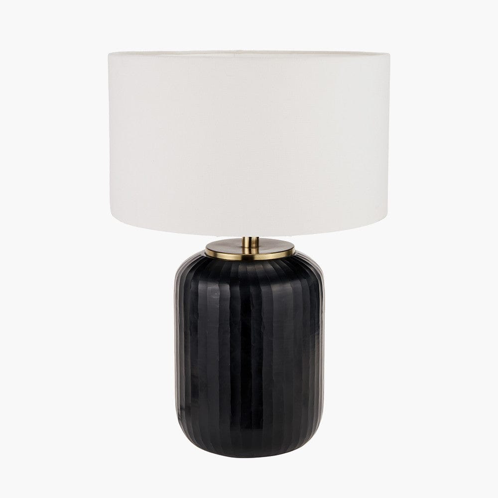 Eva Matt Black Cold Cut Stripe Glass Table Lamp Base with Henry 40cm White Handloom Cylinder Lampshade.