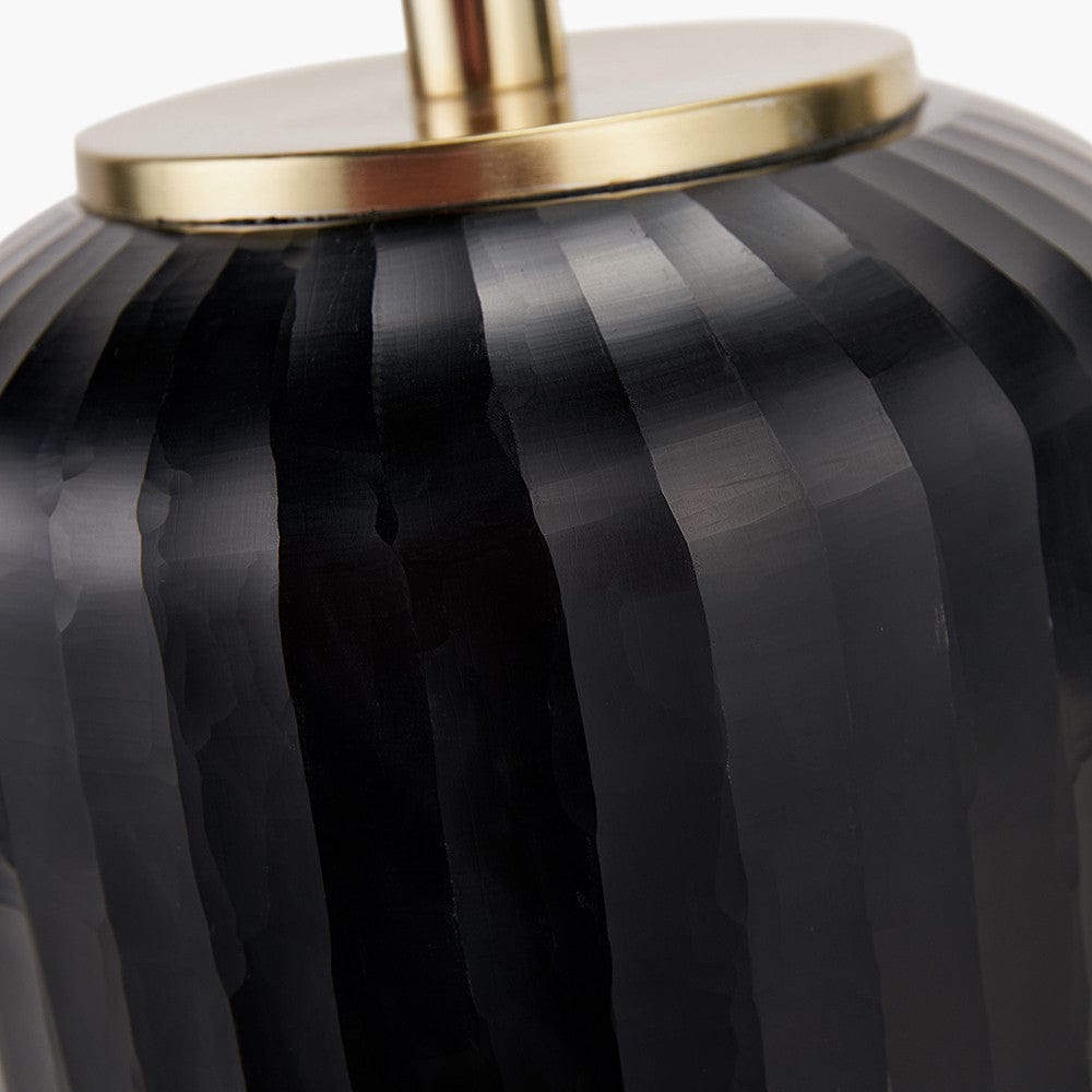 Eva Matt Black Cold Cut Stripe Glass Table Lamp Base with Henry 40cm White Handloom Cylinder Lampshade.