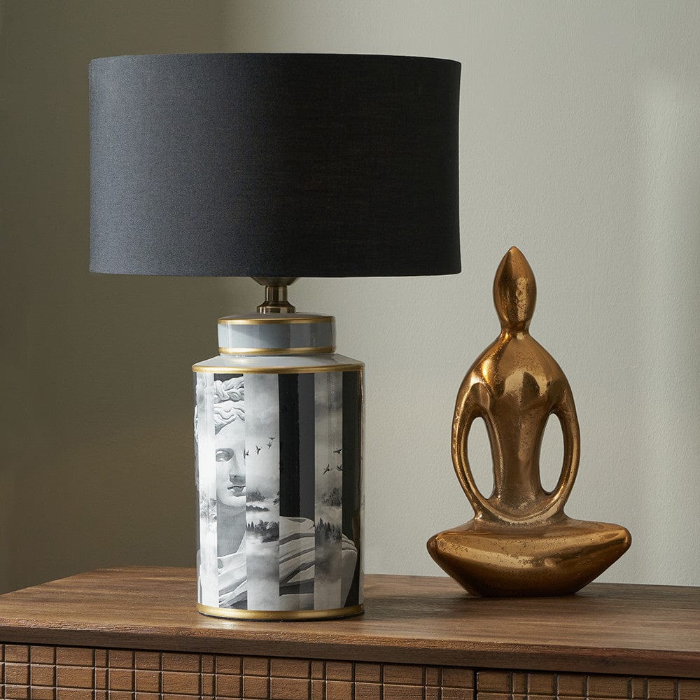 Fenella Black and White Photographic Design Table Lamp Base with Zara 40cm Black Silk Cylinder Lampshade.