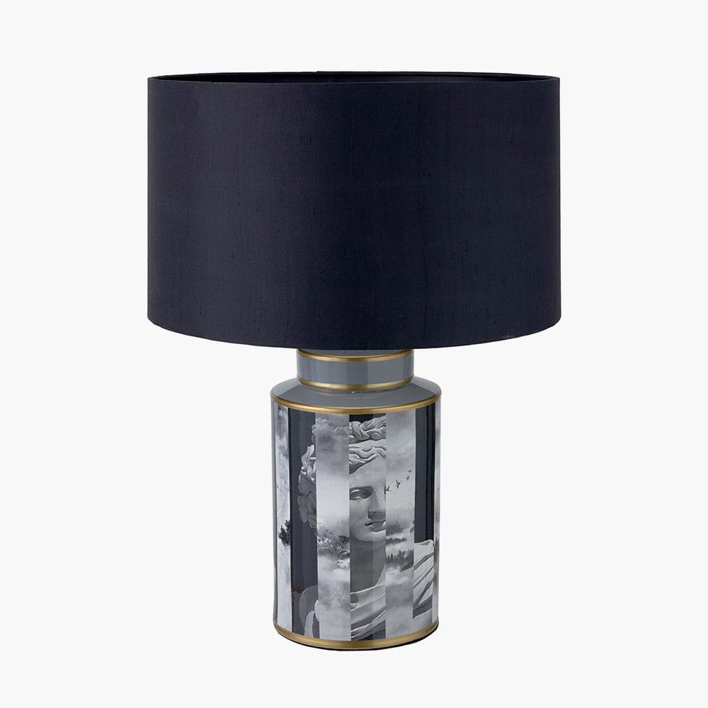 Fenella Black and White Photographic Design Table Lamp Base with Zara 40cm Black Silk Cylinder Lampshade.