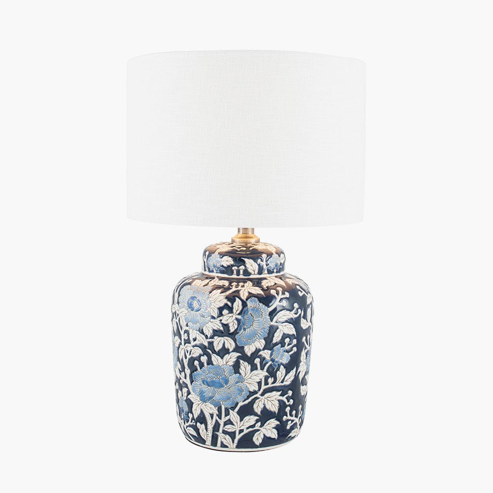 Fleur Blue Floral Ceramic Table Lamp with Lino 25cm White Self Lined Linen Cylinder Lampshade.