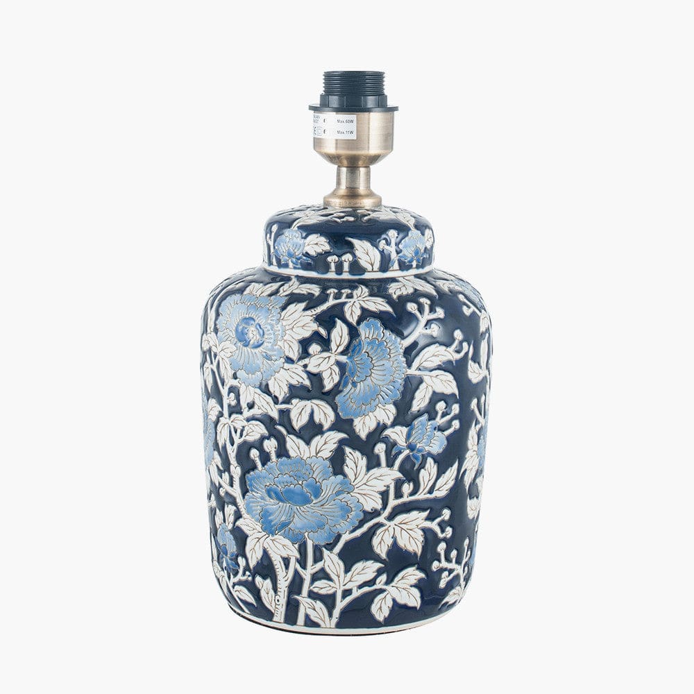Fleur Blue Floral Ceramic Table Lamp with Lino 25cm White Self Lined Linen Cylinder Lampshade.