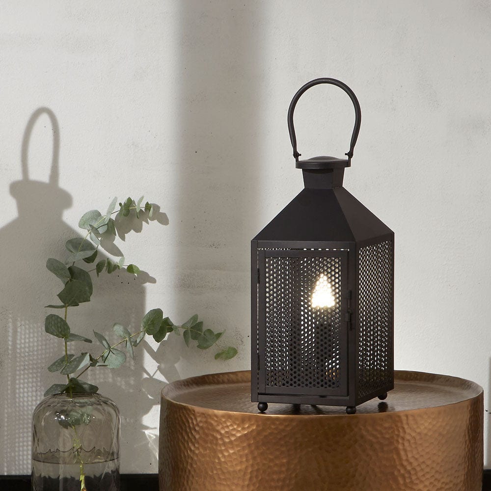 Folkstone Matt Black Metal Punched Lantern Table Lamp.