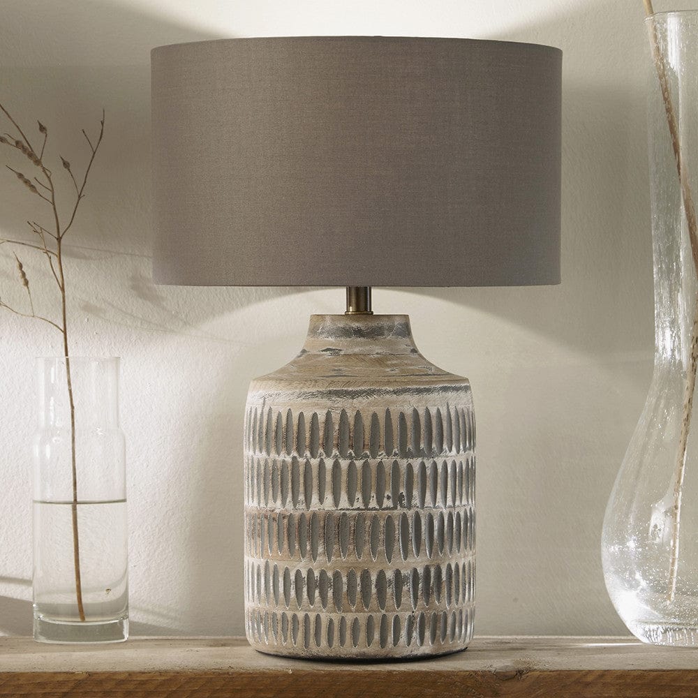 Galle Grey Wash Wood Textured Table Lamp Base with Harry 30cm Steel Grey Cotton Mix Cylinder Lampshade.