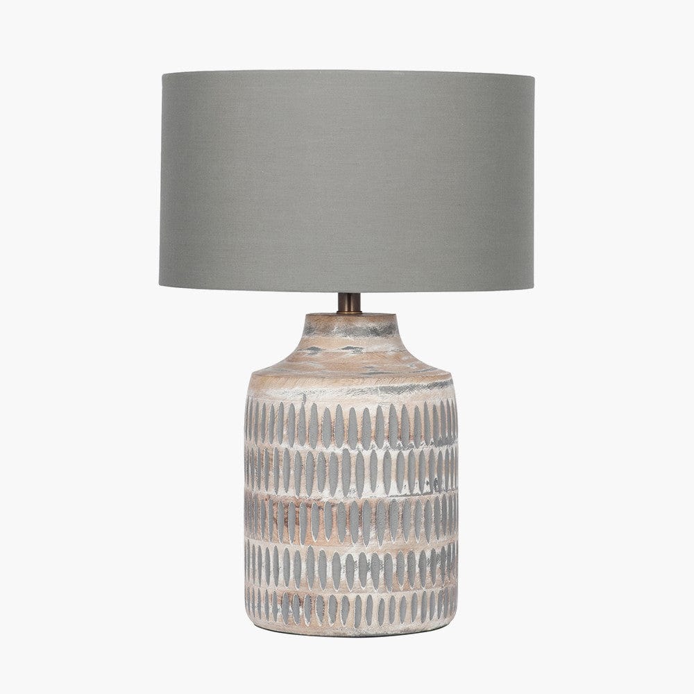Galle Grey Wash Wood Textured Table Lamp Base with Harry 30cm Steel Grey Cotton Mix Cylinder Lampshade.