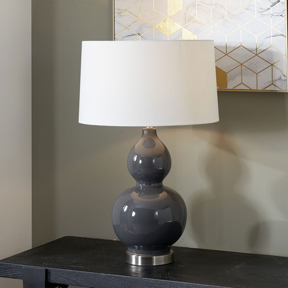 Gatsby Grey Ceramic Table Lamp With Brushed Silver Metal Detail.