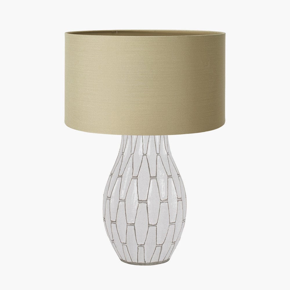 Gaudi White Stoneware Geometric Table Lamp Base with Harry 35cm Taupe Cotton Mix Cylinder Lampshade.