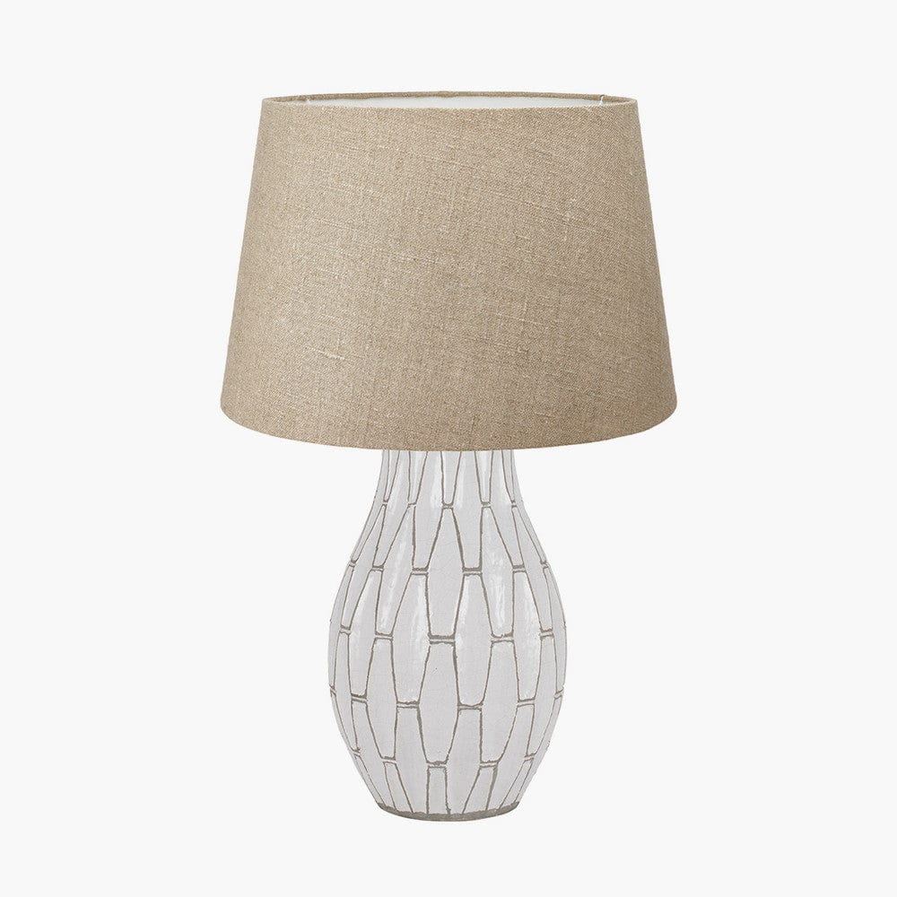 Gaudi White Stoneware Geometric Table Lamp Base with Milos 35cm Natural Linen Tapered Lampshade.
