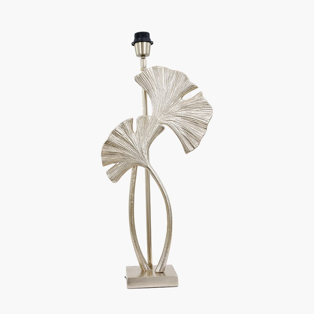 Gingko Shiny Champagne Metal Tall Gingko Leaf Table Lamp Base with Lino 35cm Grey Self Lined Linen Cylinder Lampshade.