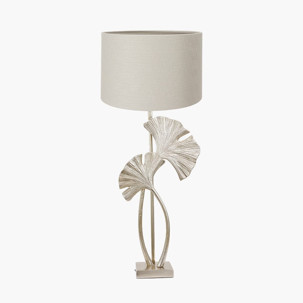 Gingko Shiny Champagne Metal Tall Gingko Leaf Table Lamp Base with Lino 35cm Grey Self Lined Linen Cylinder Lampshade.