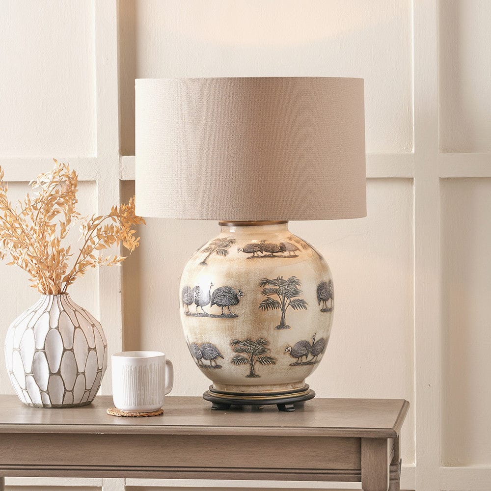 Guinea Fowl Large Glass Table Lamp Base with Henry 40cm Taupe Handloom Cylinder Lampshade.