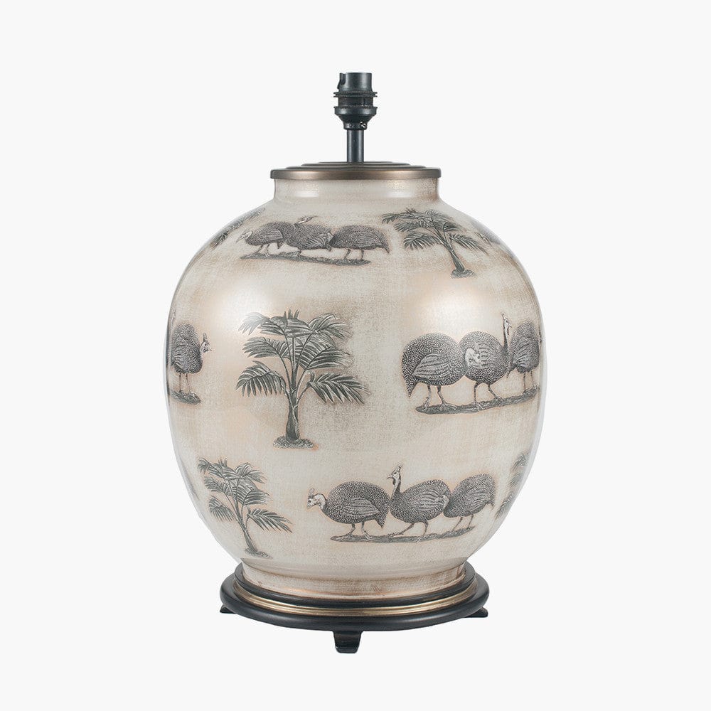 Guinea Fowl Large Glass Table Lamp Base with Henry 40cm Taupe Handloom Cylinder Lampshade.