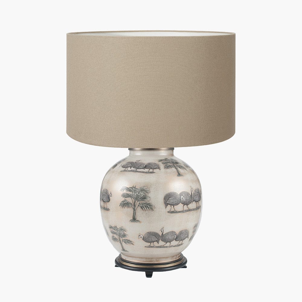 Guinea Fowl Large Glass Table Lamp Base with Henry 40cm Taupe Handloom Cylinder Lampshade.