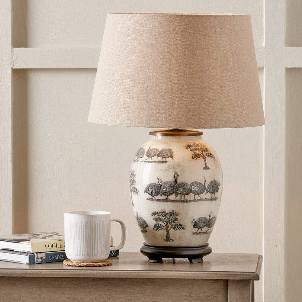 Pacific Lifestyle Lighting Guinea Fowl Medium Glass Table Lamp Base with Winston 35cm Taupe Handloom Tapered Lampshade House of Isabella UK
