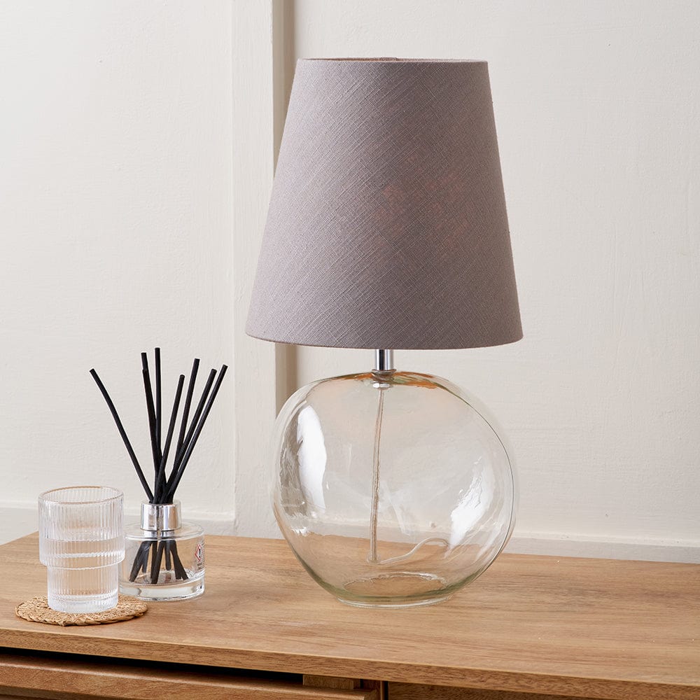 Hallie Clear Glass and Grey Shade Table Lamp.
