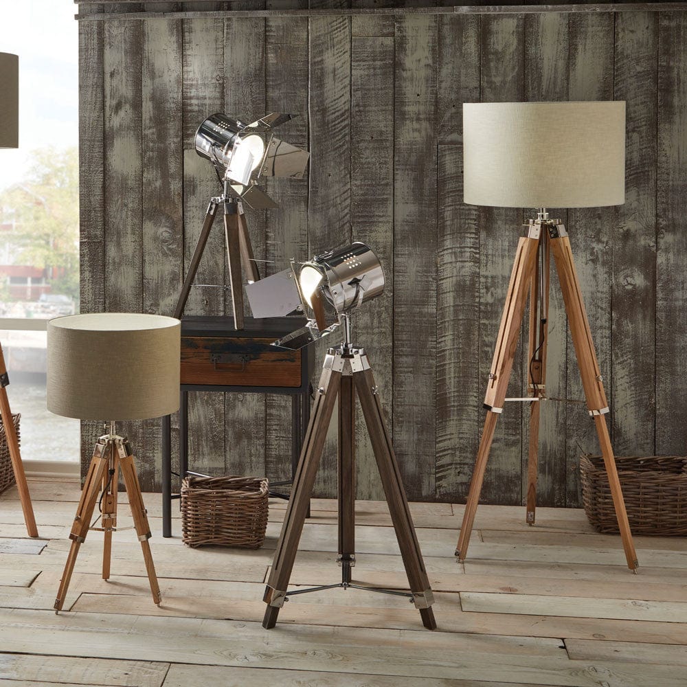 Hereford Grey Wood and Silver Metal Film Tripod Floor Lamp.