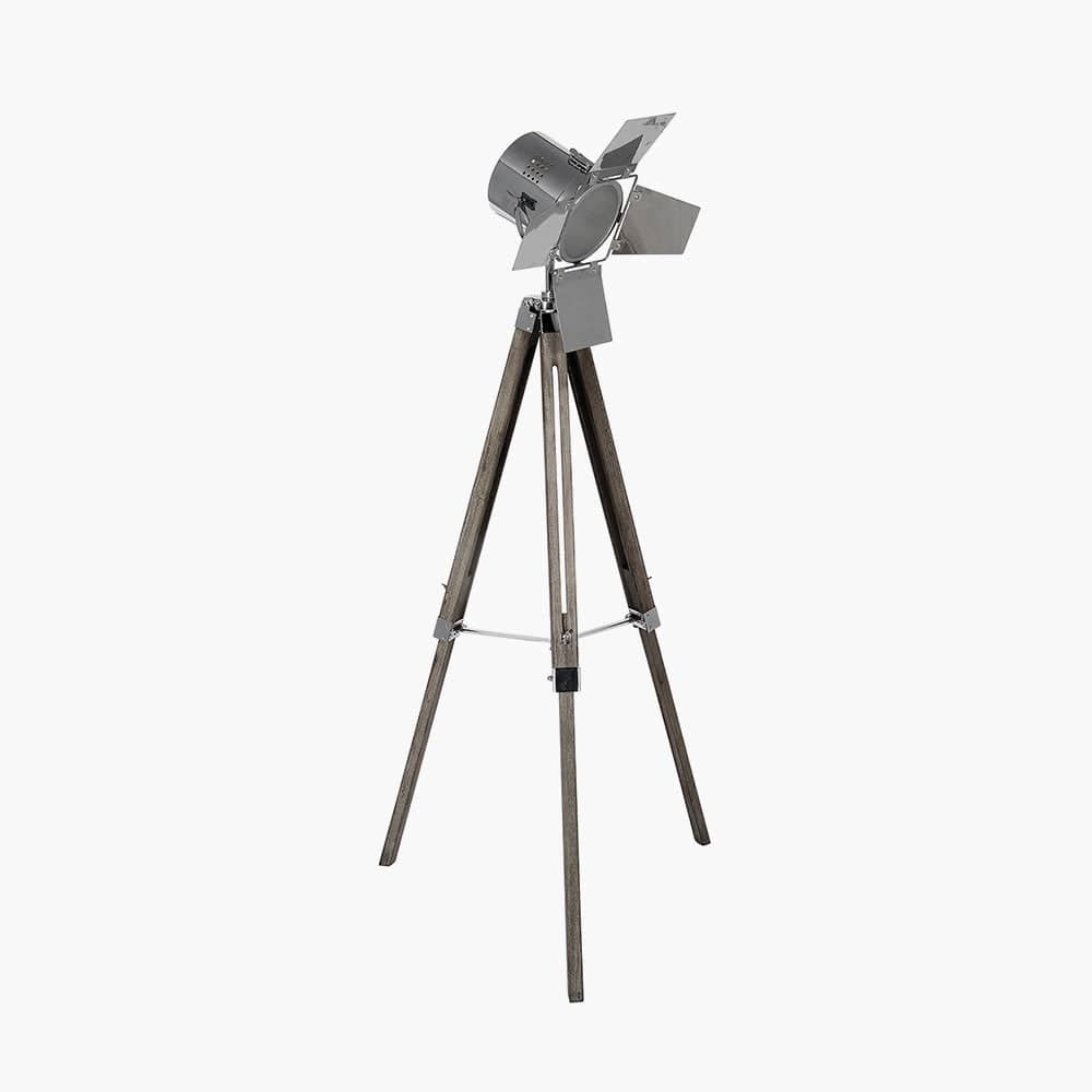Hereford Grey Wood and Silver Metal Film Tripod Floor Lamp.