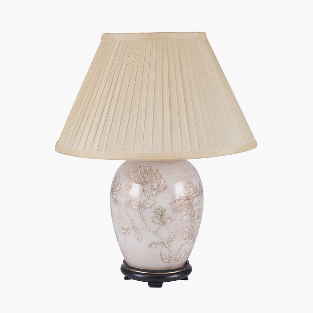 Honeysuckle Medium Glass Table Lamp Base with Bacall 30cm Almond Silk Knife Pleat Empire Lampshade.
