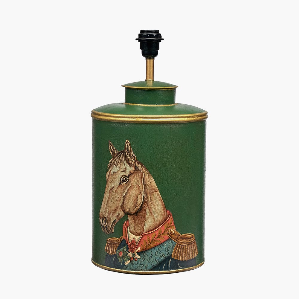 Horse Green Hand Painted Metal Table Lamp Base with Bow 40cm Black Velvet Cylinder Lampshade.