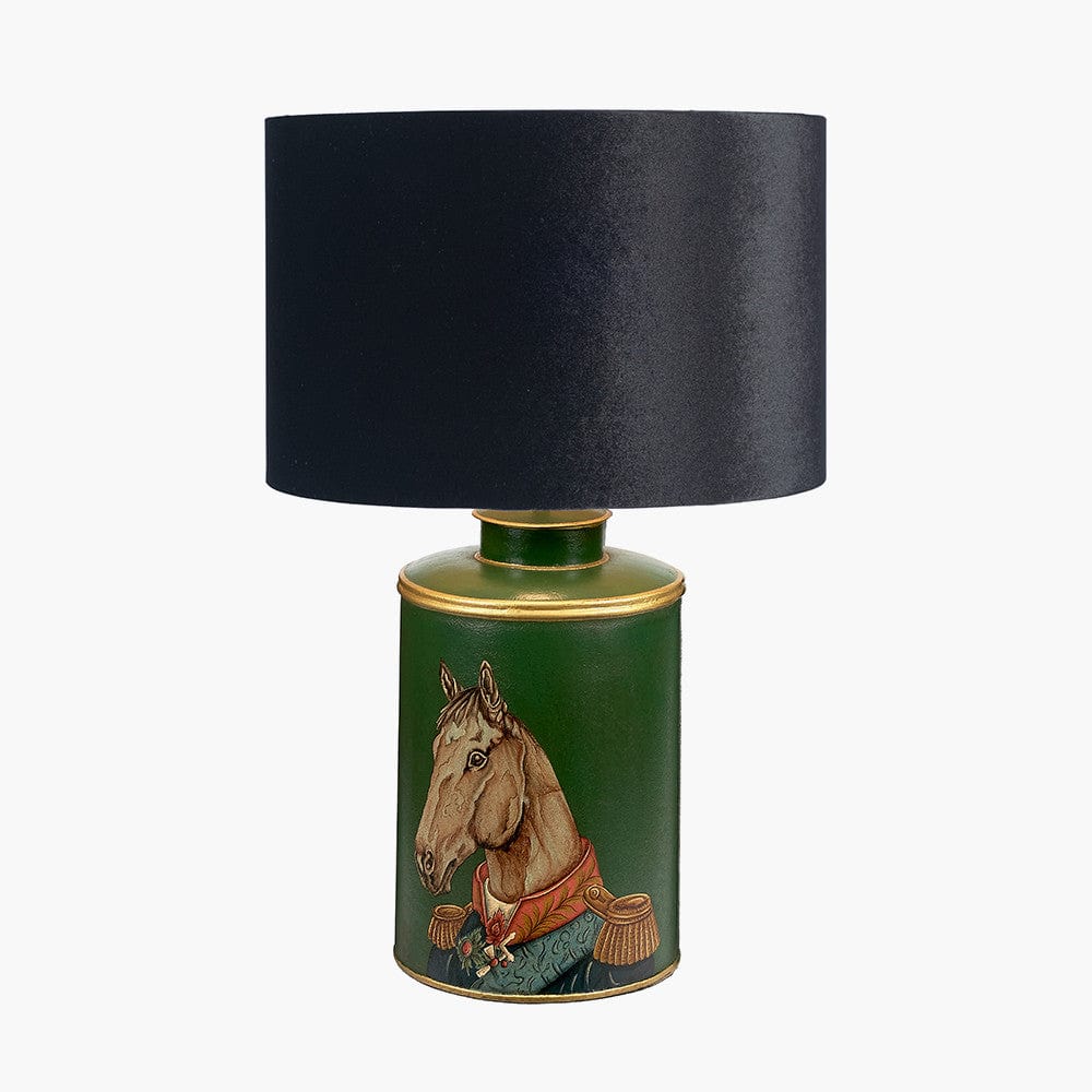 Horse Green Hand Painted Metal Table Lamp Base with Bow 40cm Black Velvet Cylinder Lampshade.