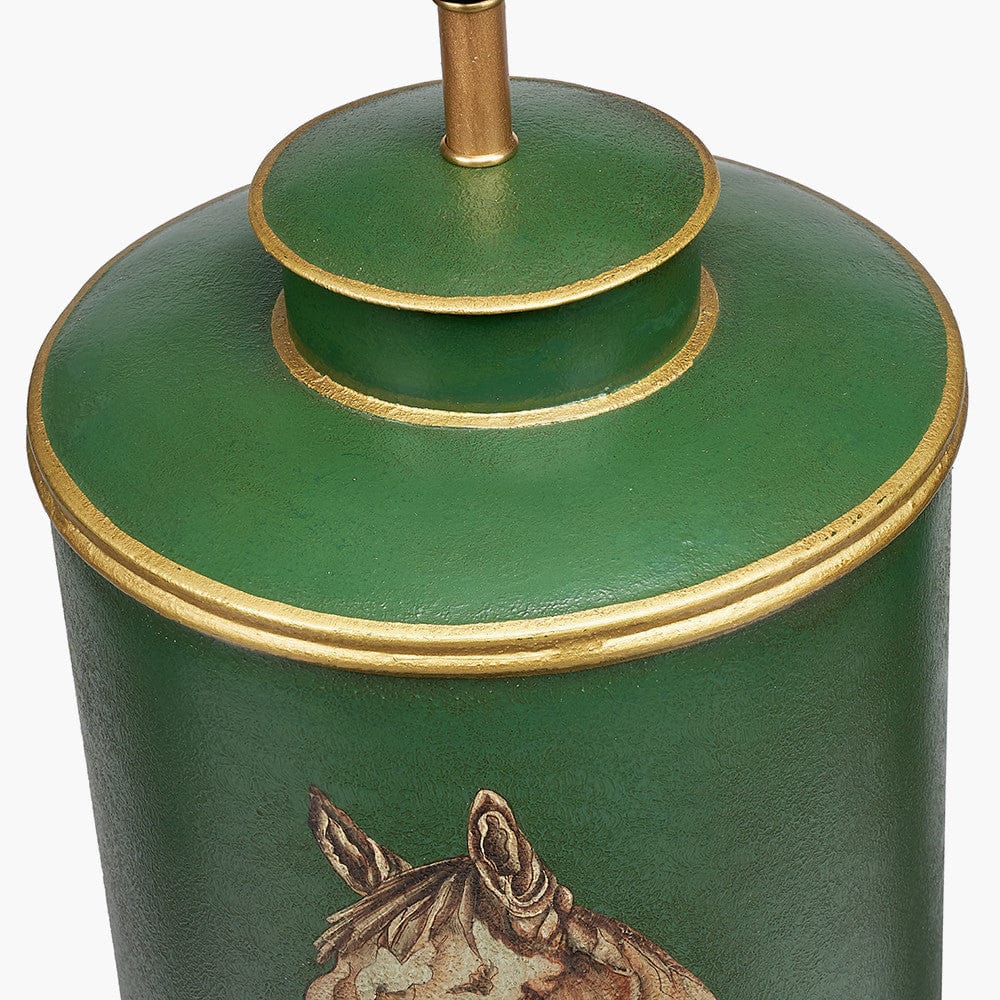 Horse Green Hand Painted Metal Table Lamp Base with Bow 40cm Black Velvet Cylinder Lampshade.