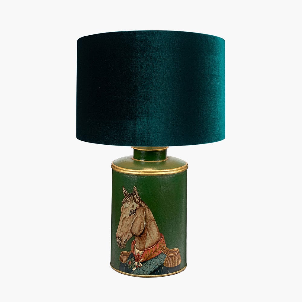 Horse Green Hand Painted Metal Table Lamp Base with Bow 40cm Forest Green Velvet Cylinder Lampshade.