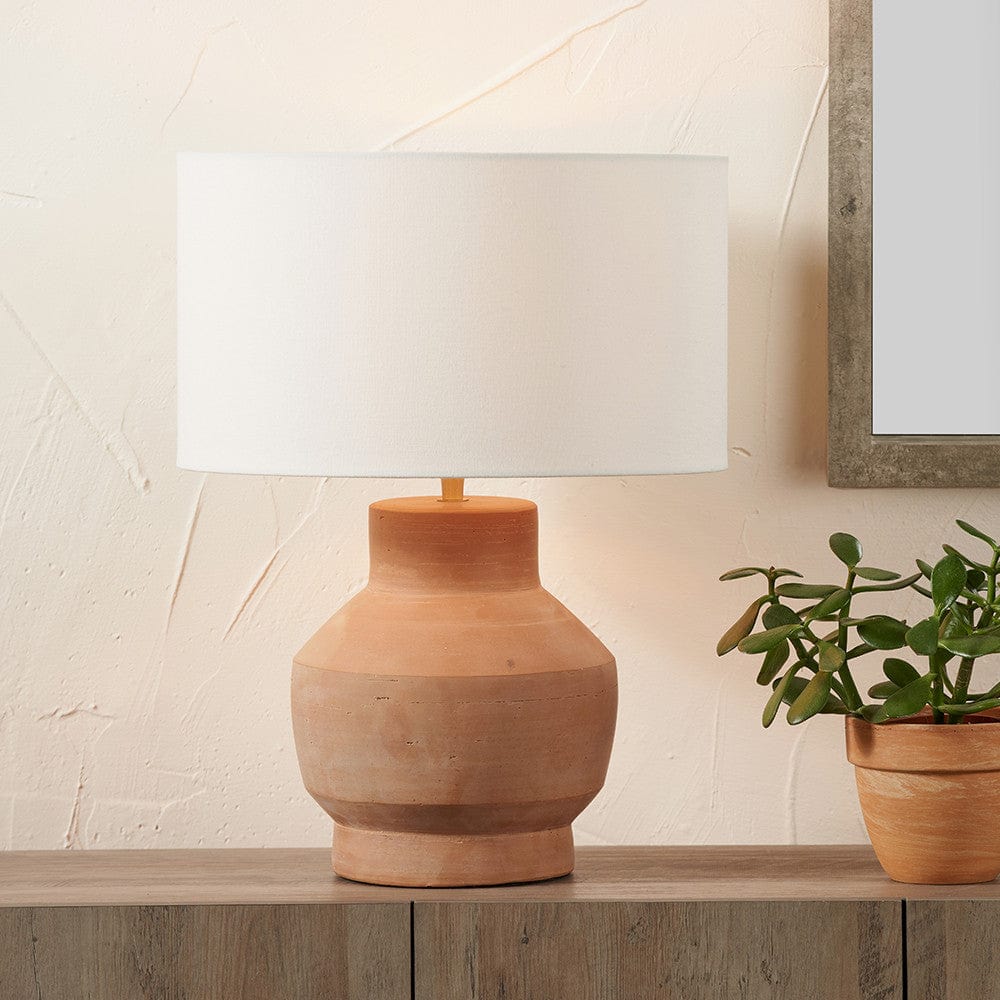 Pacific Lifestyle Lighting Inna Natural Urn Terracotta Table Lamp Base with Henry 35cm White Handloom Cylinder Lampshade House of Isabella UK