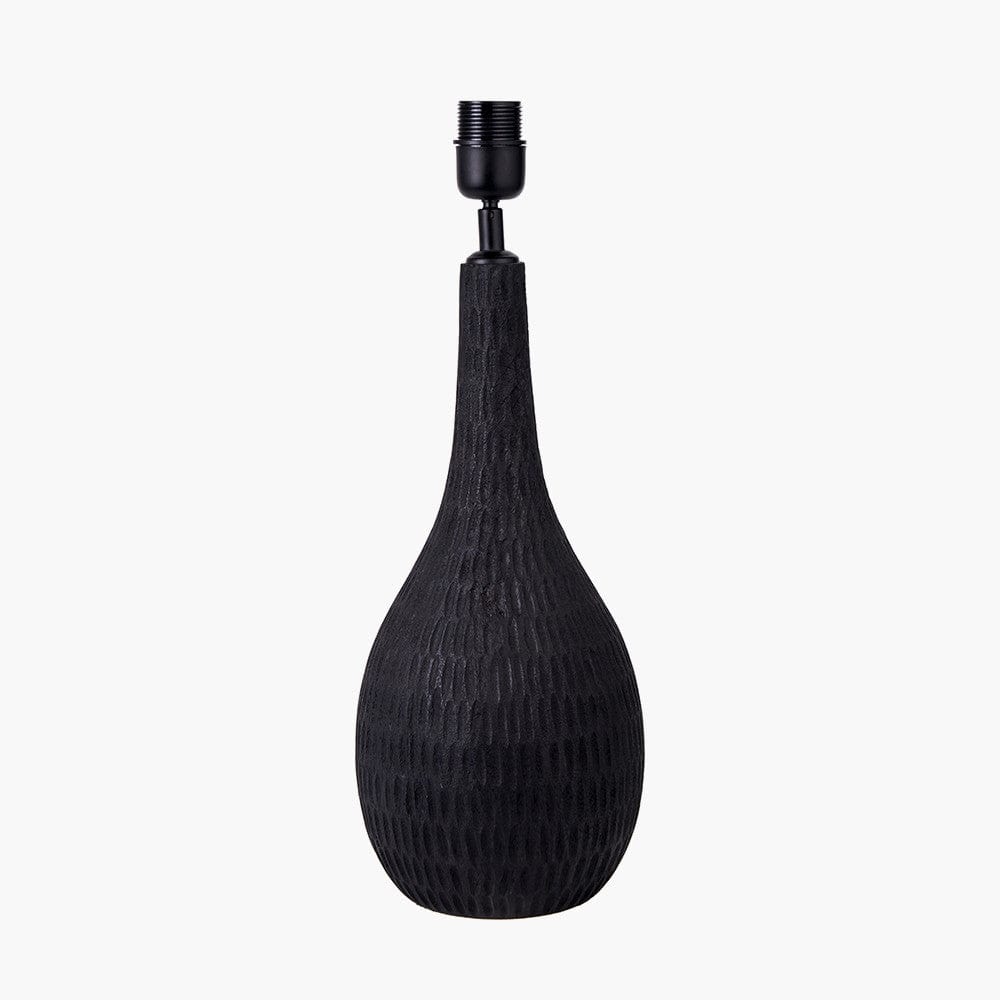 Ioan Black Engraved Wood Bottle Table Lamp Base with Lino 40cm White Self Lined Linen Cylinder Lampshade.