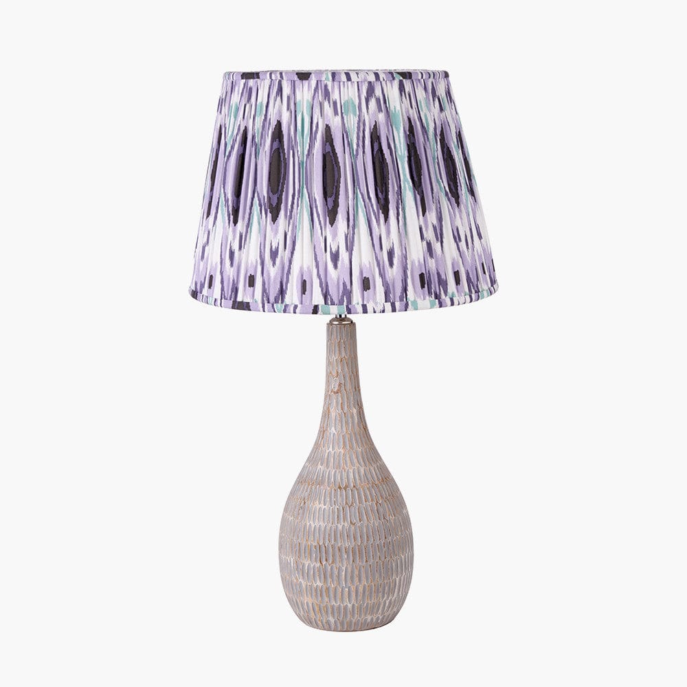 Ioan Grey Engraved Wood Bottle Table Lamp Base with Izara 40cm Lilac Ikat Patterned Mushroom Pleat Tapered Lampshade.