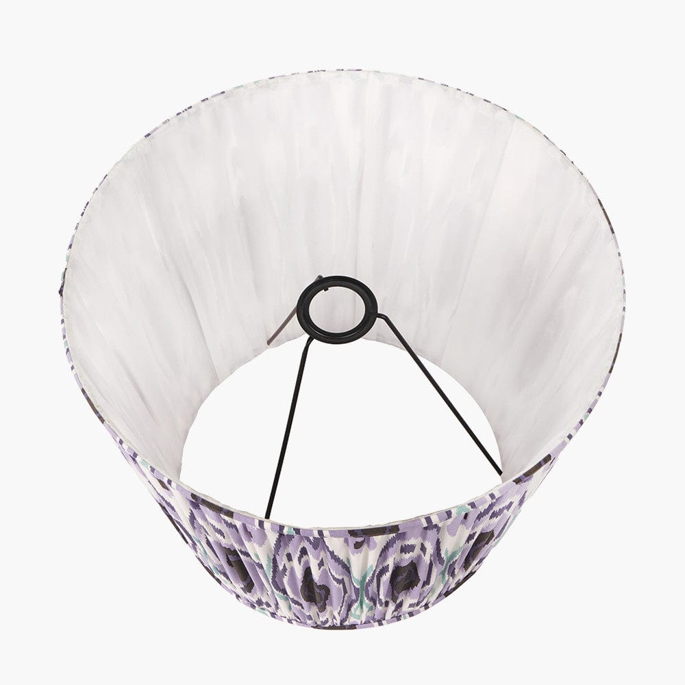 Ioan Grey Engraved Wood Bottle Table Lamp Base with Izara 40cm Lilac Ikat Patterned Mushroom Pleat Tapered Lampshade.