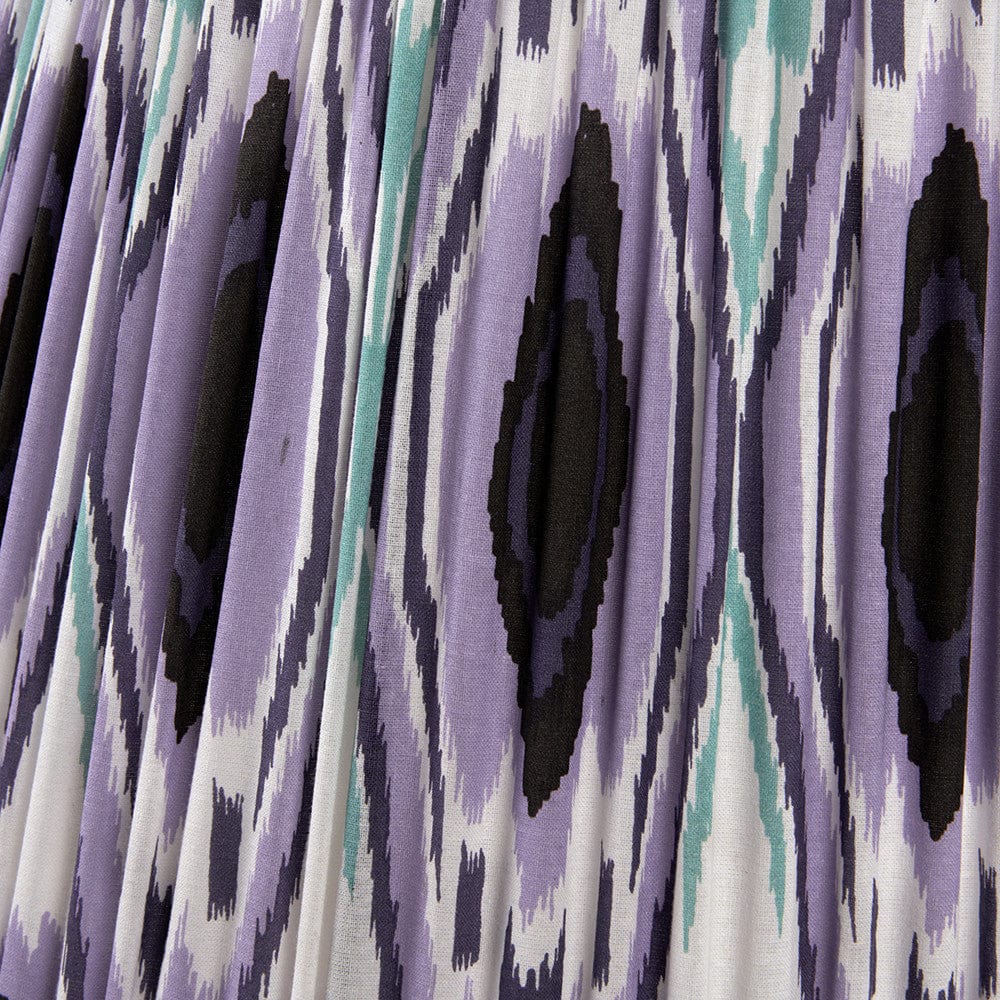 Ioan Grey Engraved Wood Bottle Table Lamp Base with Izara 40cm Lilac Ikat Patterned Mushroom Pleat Tapered Lampshade.