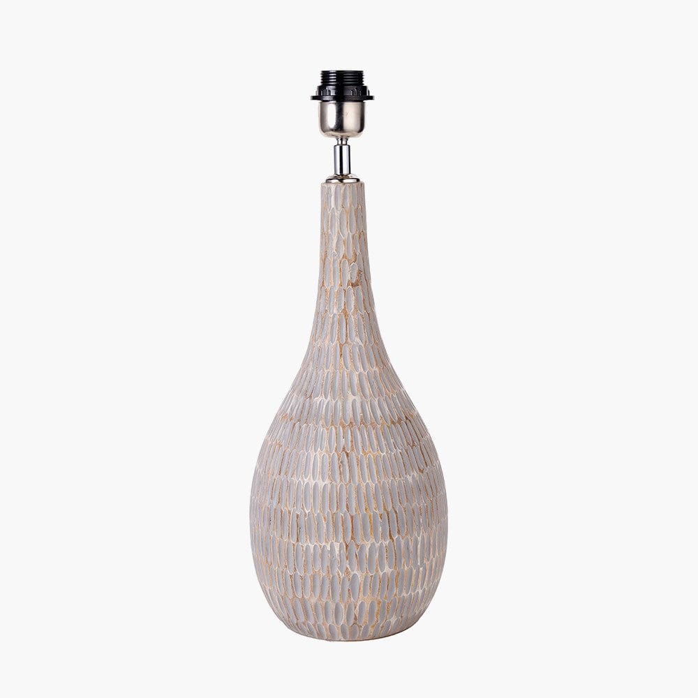Ioan Grey Engraved Wood Bottle Table Lamp Base with Izara 40cm Lilac Ikat Patterned Mushroom Pleat Tapered Lampshade.