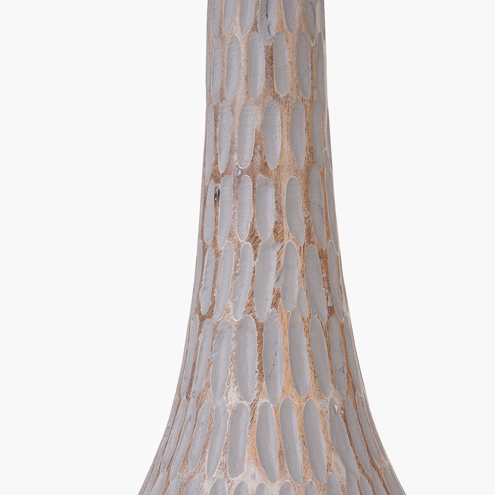 Ioan Grey Engraved Wood Bottle Table Lamp Base with Izara 40cm Lilac Ikat Patterned Mushroom Pleat Tapered Lampshade.