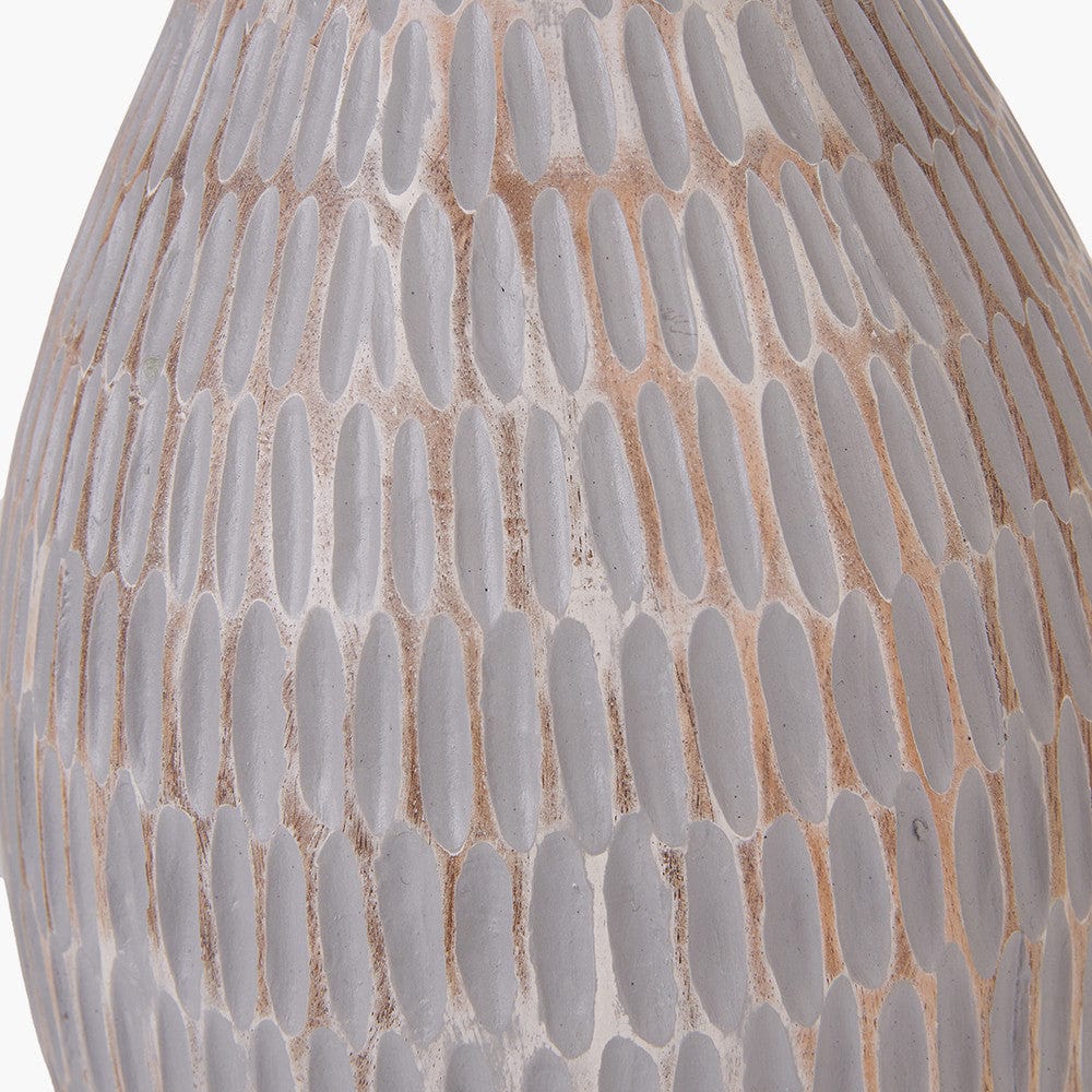 Ioan Grey Engraved Wood Bottle Table Lamp Base with Izara 40cm Lilac Ikat Patterned Mushroom Pleat Tapered Lampshade.