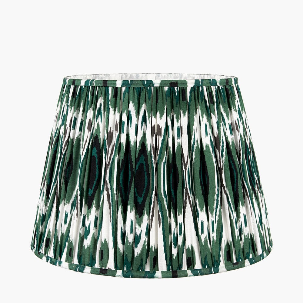 Izara 40cm Racing Green Ikat Patterned Mushroom Pleat Tapered Lampshade.