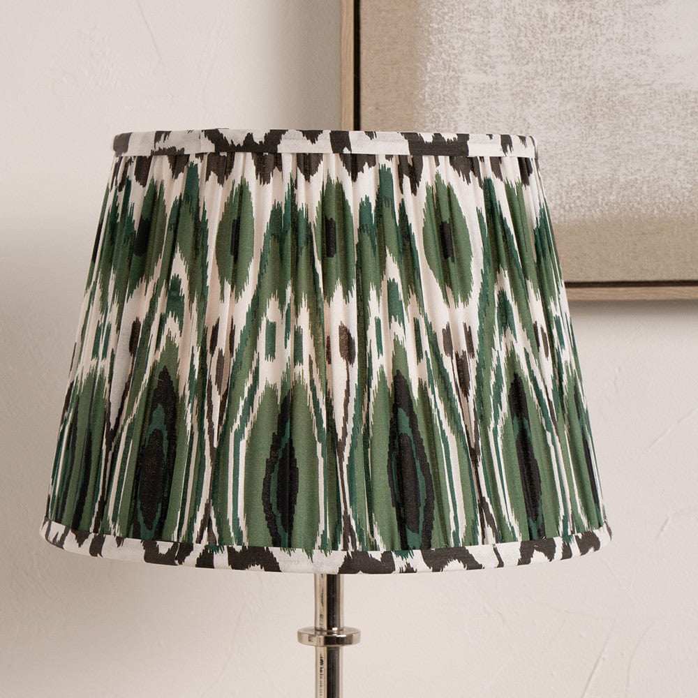 Izara 45cm Racing Green Ikat Patterned Mushroom Pleat Tapered Lampshade.
