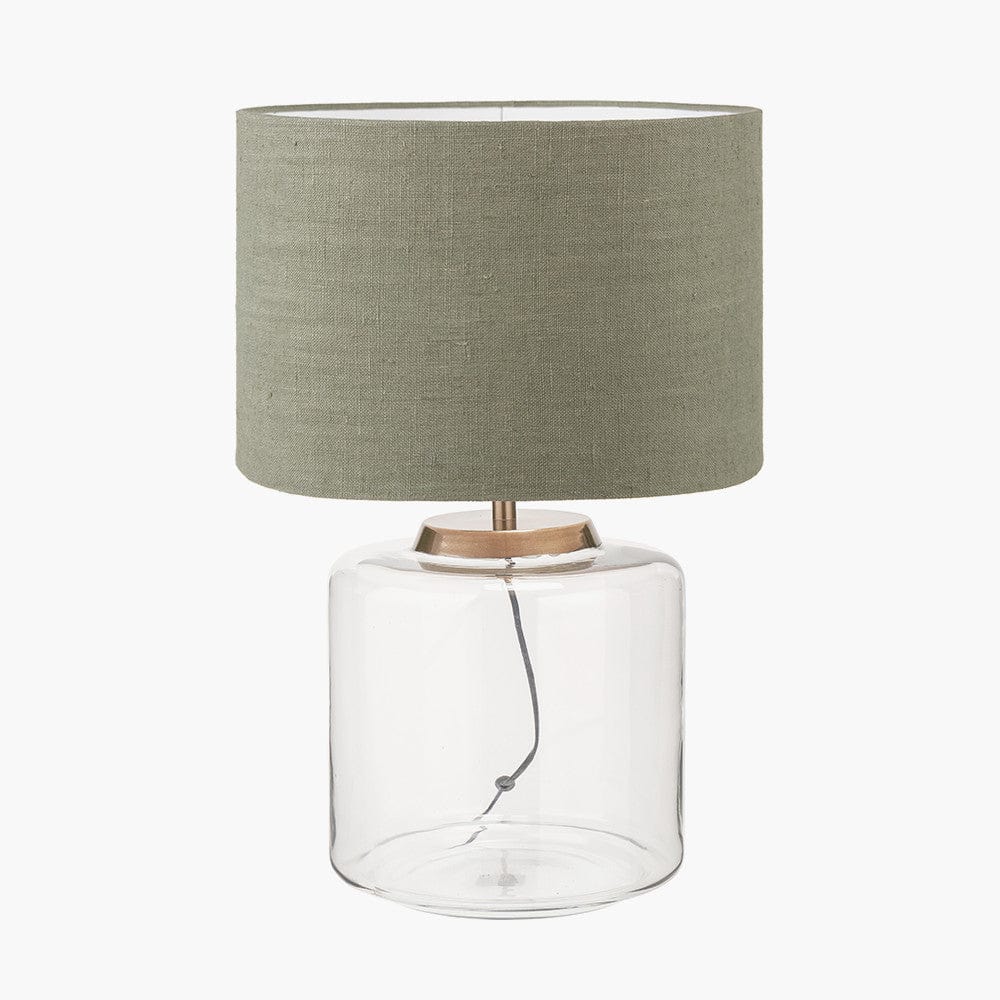Josie Clear Glass and Antique Brass Metal Large Table Lamp Base with Edward 40cm Pistachio Green Linen Cylinder Lampshade.