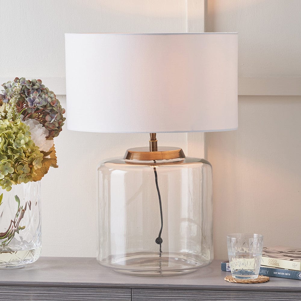 Josie Clear Glass and Antique Brass Metal Large Table Lamp Base with Harry 40cm Ivory Cotton Mix Cylinder Lampshade.