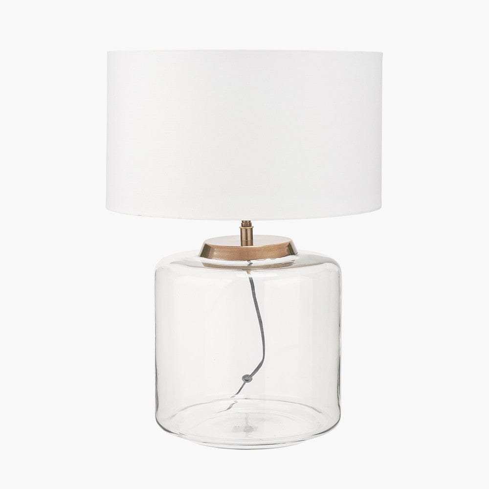 Josie Clear Glass and Antique Brass Metal Large Table Lamp Base with Harry 40cm Ivory Cotton Mix Cylinder Lampshade.